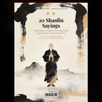 Book cover for '20 Shaolin Sayings: The Complete Edition' featuring a minimalist illustration of a Shaolin monk on a cream background with black and beige ink wash borders, centered on a black background.