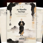 A book cover for '20 Shaolin Sayings' is shown centered against a dark background with two angled copies behind it. The cover has a cream base with large black ink brushstrokes, a stylized figure in black robes, and subtle beige and gray landscape elements.